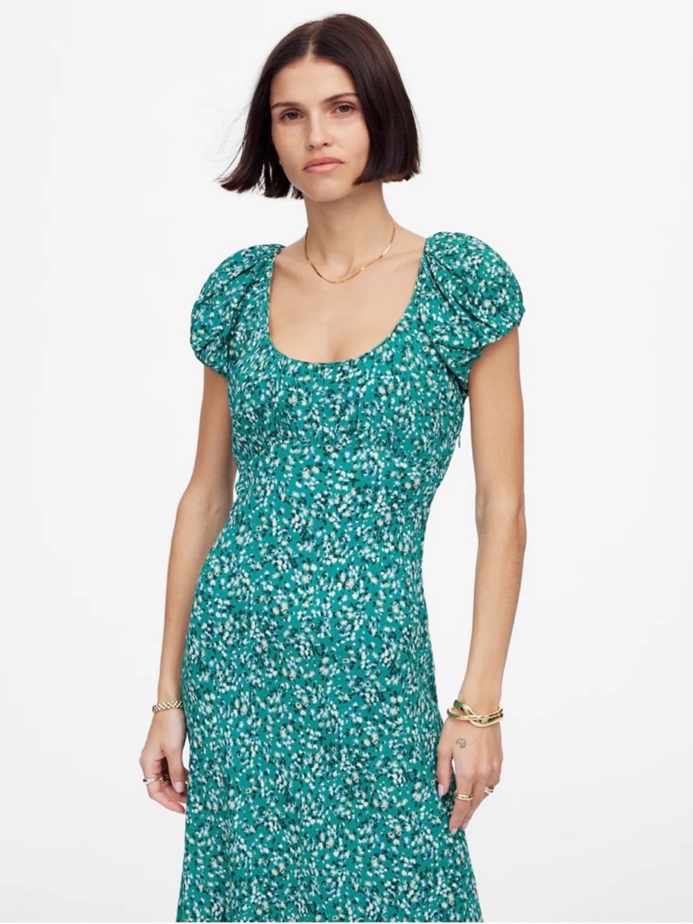 Madewell Ruched Scoopneck Midi Dress in Floral Kelly Green size 8 NWT - Picture 6 of 8
